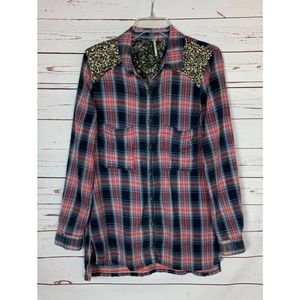 Free People Women's M Medium A Little Bit of Sugar Plaid Sequin Flannel Shirt